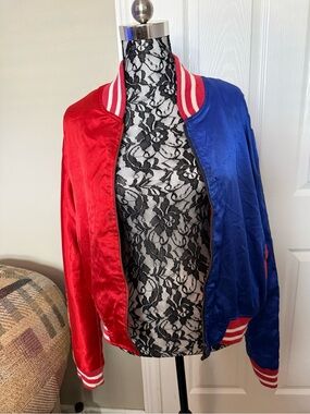 Harley Quinn Satin Bomber Jacket - Red & Blue